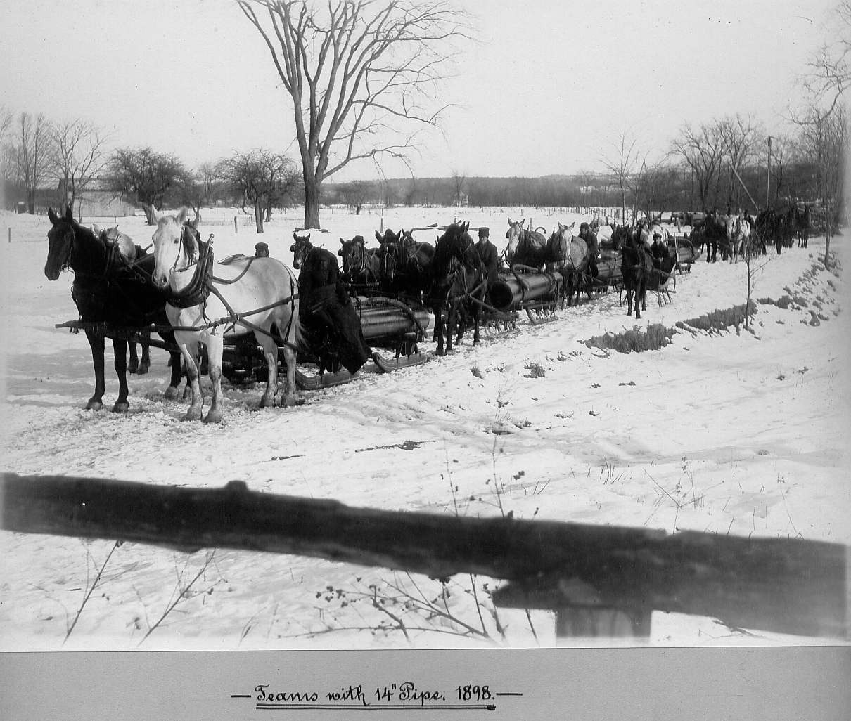 Horses pulling sleds carrying pipes